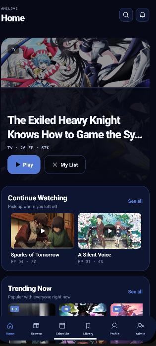 Anilove Android app home screen showing anime recommendations and continue watching